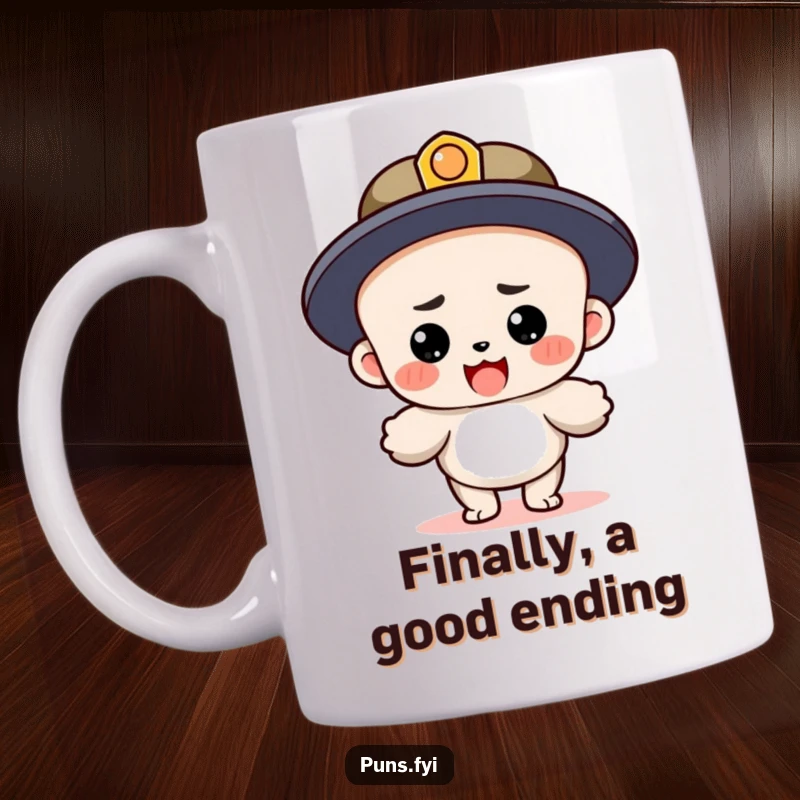 Funny mug showing a determined period character heroically landing after completing a very long sentence, a symbol of literary triumph.