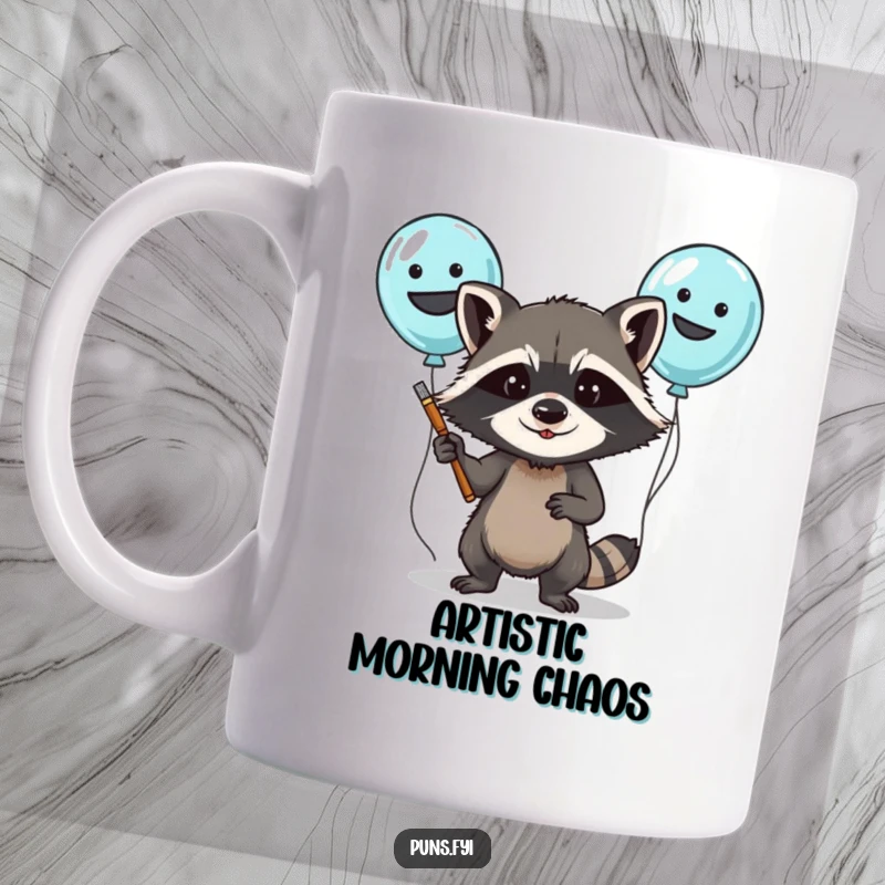Funny raccoon mug featuring a determined character about to paint silly faces on colorful balloons, ready for mischief.