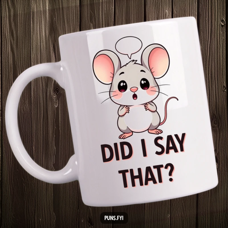 Funny mug featuring a kawaii mouse with wide eyes and an open mouth, a speech bubble above indicating shock or surprise.