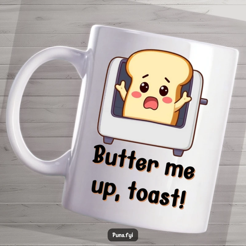 Funny surprised loaf of bread with small arms reaching into a toaster on a mug, a humorous morning scene for breakfast lovers.