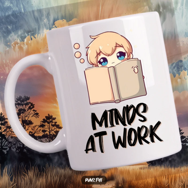Funny mug with a curious thought bubble character peeking mischievously from behind an open book, pondering new ideas.