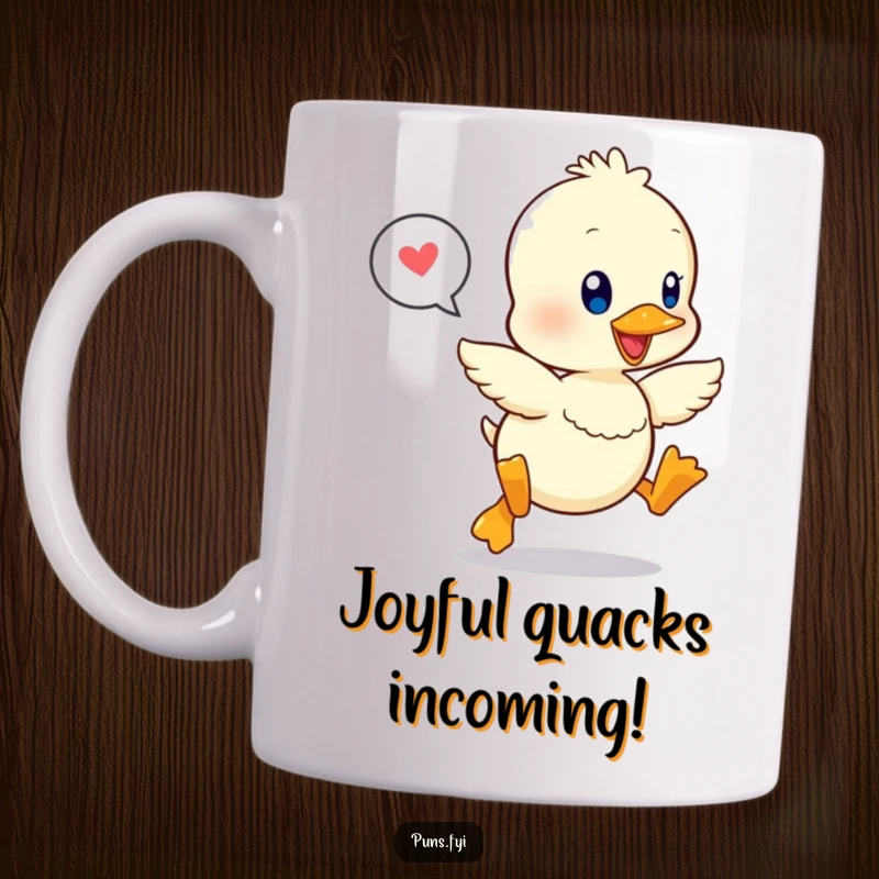 Funny mug featuring a kawaii duckling joyfully leaping, a speech bubble floats nearby, conveying excitement and happiness.