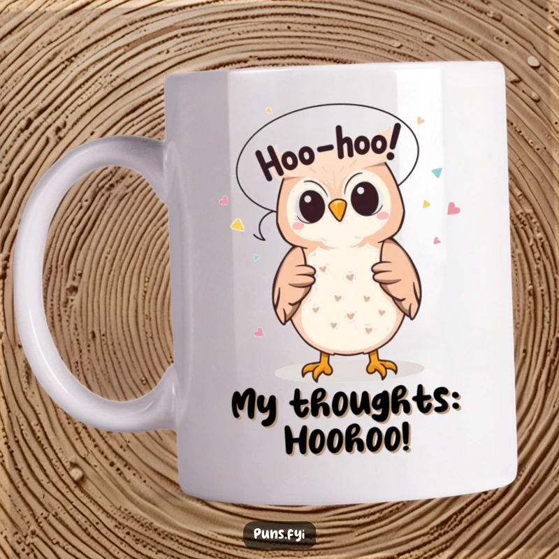 Funny owl mug spewing 'Hoo-hoo!' confetti from its speech bubble, embodying cheerful, whimsical energy for a delightful gift.