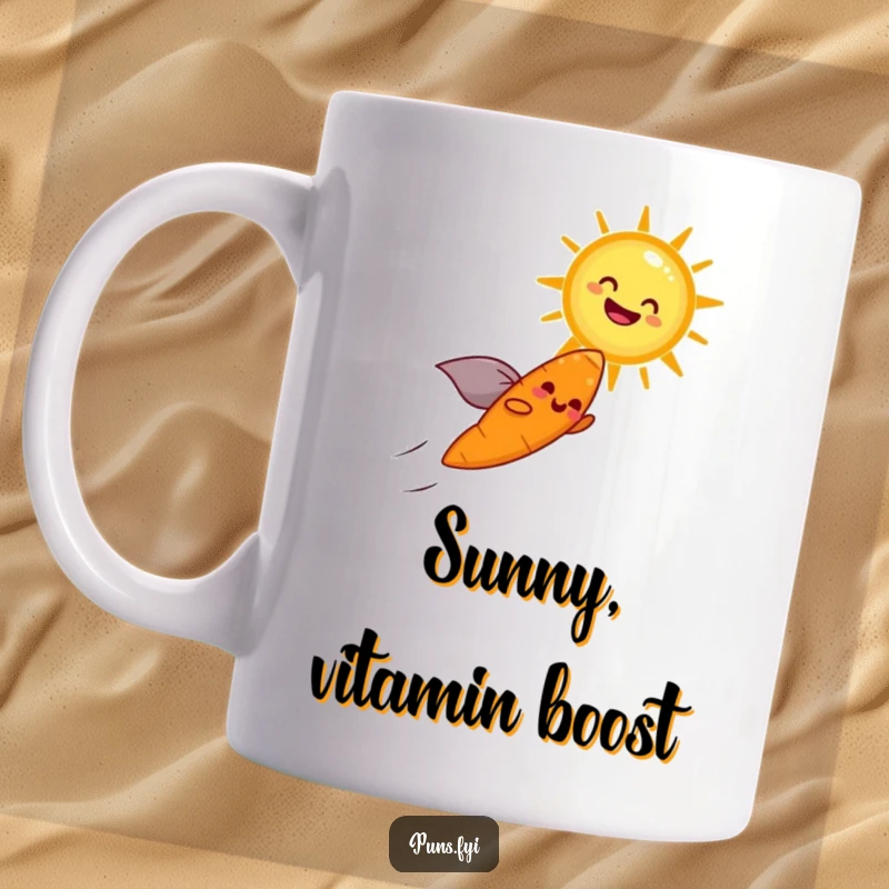 Funny mug showcasing a cheerful carrot with a small cape soaring through the sky towards a gleefully laughing sun.
