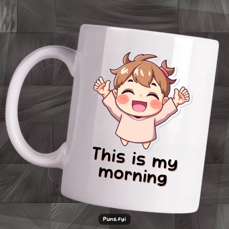 Funny Mug: A joyful character exuberantly cheers with both hands triumphantly raised, embodying pure happiness and celebration.