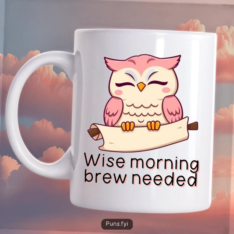 Funny kawaii owl mug featuring a cute owl winking, with a scroll unrolling, symbolizing wisdom and playful secrets.