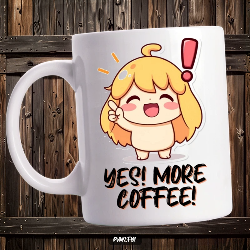 Funny mug showing a character nodding vigorously at a large exclamation point, symbolizing strong agreement and understanding.