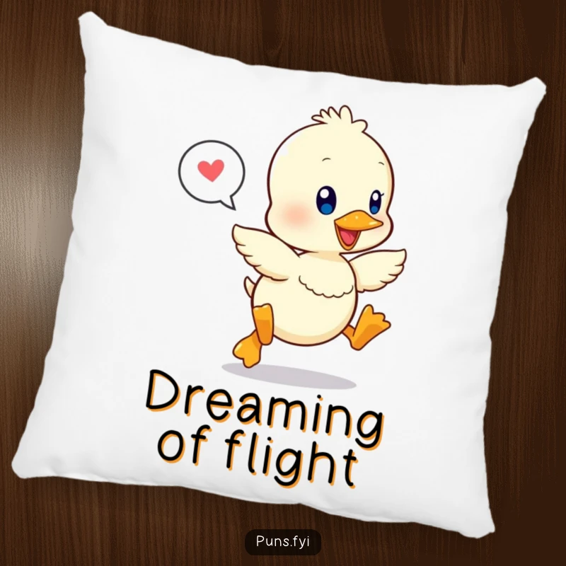 Funny pillow with a happily leaping kawaii duckling and a speech bubble, offering comfort and cheerful decoration.