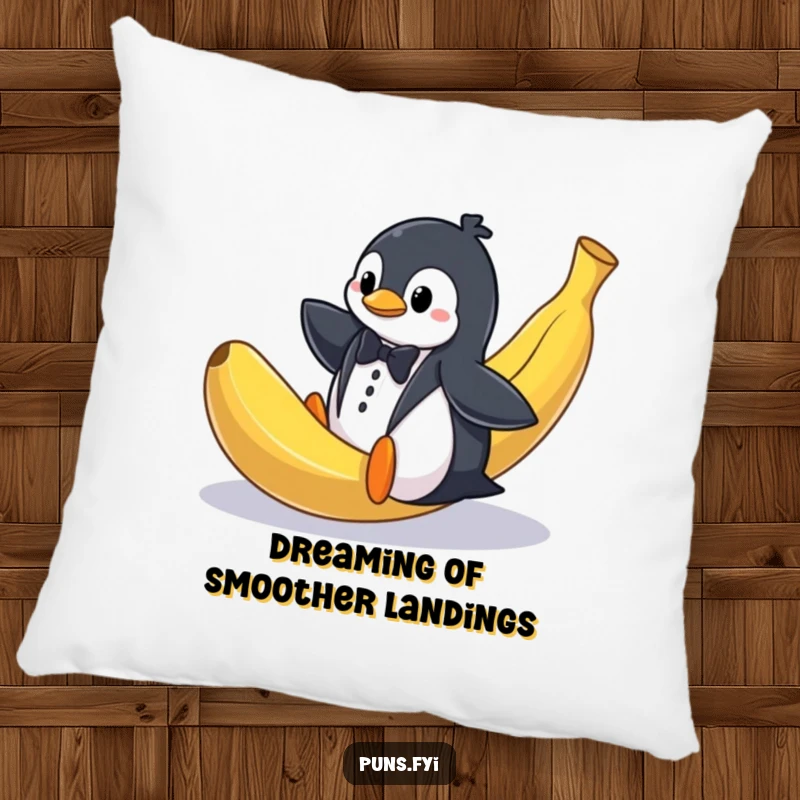 Funny pillow showing a penguin in a tuxedo hilariously slipping on a giant banana peel, bringing slapstick humor to your couch.