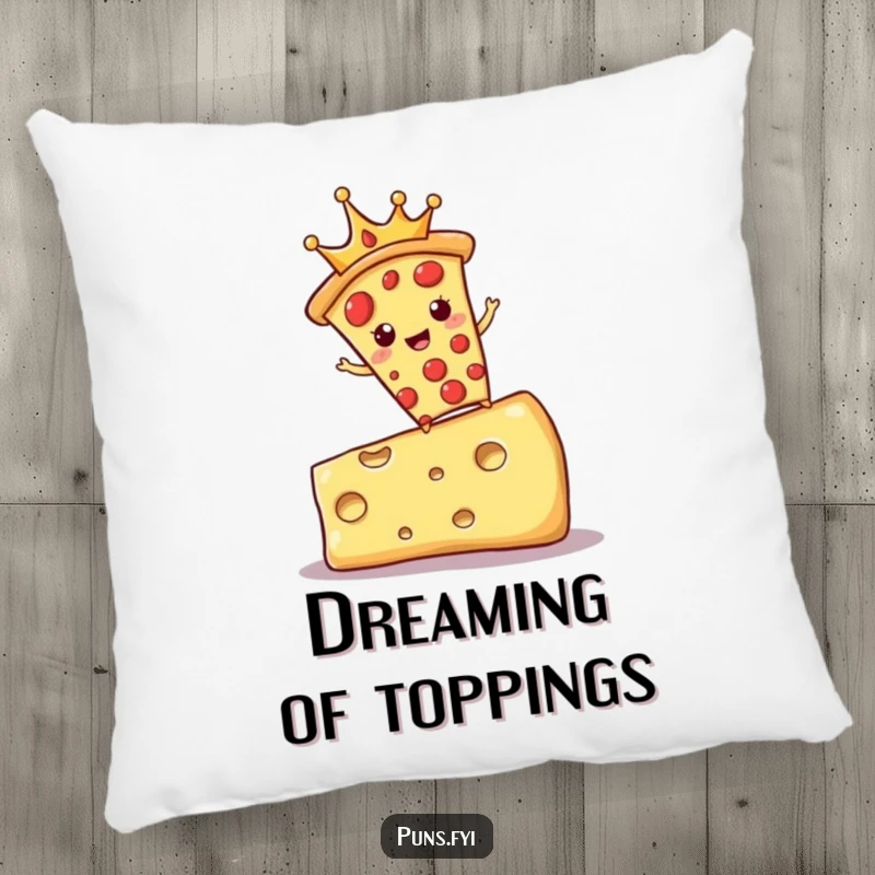 Funny pillow featuring a crowned pizza slice balancing on a cheese block, adding comfort and humorous decor.