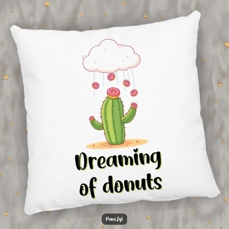 Funny pillow featuring a cloud raining donuts onto a surprised cactus, bringing sweet, comforting humor to your home.