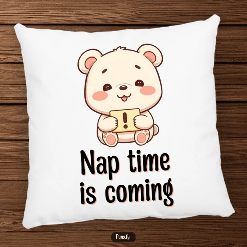 Funny kawaii bear with a playful grin holding an exclamation mark sign on a soft pillow, great for a funny gift.