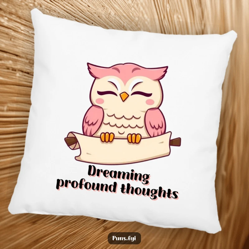 Funny kawaii owl pillow featuring a cute winking owl with an unrolling scroll, perfect for comfort and learning.