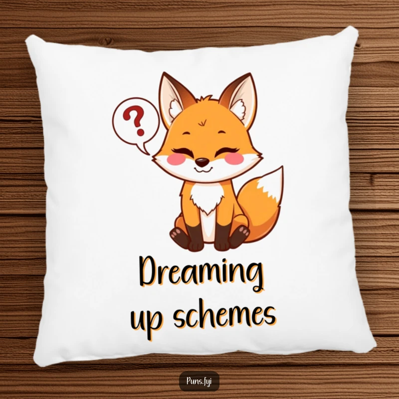 Funny pillow featuring a mischievous fox holding a speech bubble of question marks, designed for cozy comfort.
