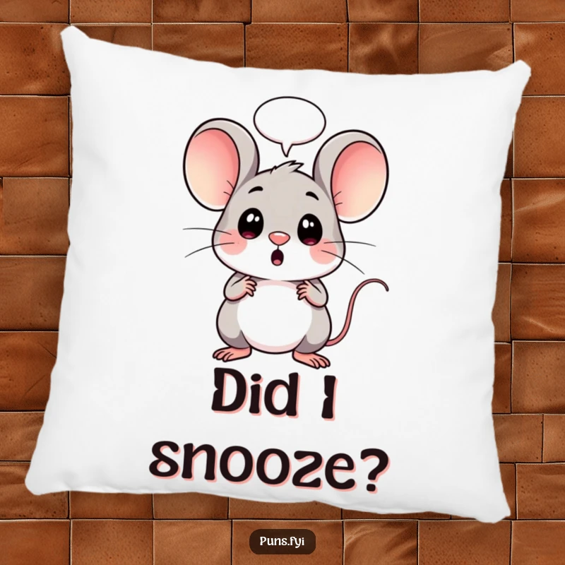 Funny pillow designed with a shocked kawaii mouse and a speech bubble, offering comfort and a humorous decorative touch.