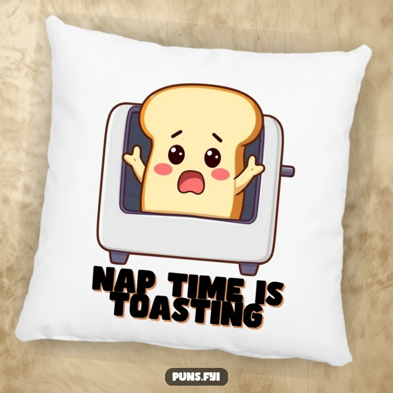 Funny surprised loaf of bread with small arms reaching into a toaster, soft decorative pillow, bringing comical breakfast vibes to your couch.