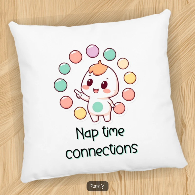 Funny pillow featuring a character pointing to connected circles, adding comfort and intellectual charm to any room.