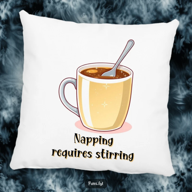 Funny pillow featuring a tiny spoon stirring a large mug of sparkling liquid, symbolizing effort and humor.