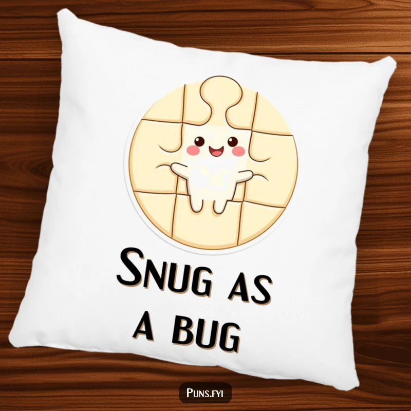 Funny pillow featuring a contented puzzle piece character nestled perfectly into a larger shape, offering comfort and a sense of belonging.