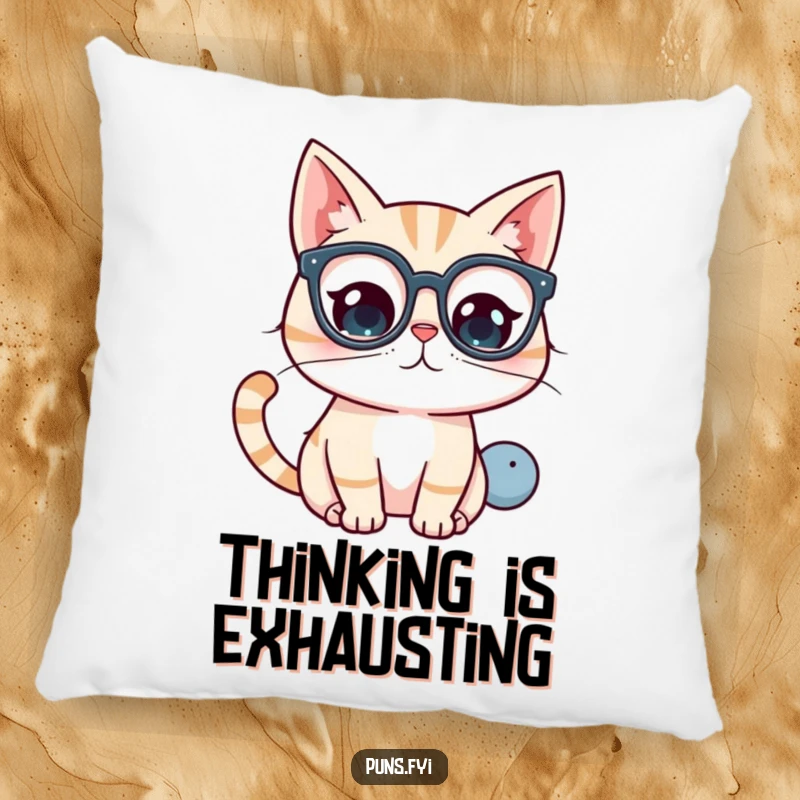 Funny kawaii cat wearing glasses, looking at a question mark, a cute pillow for comfort.
