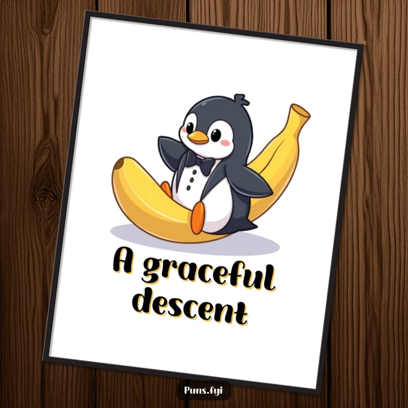 Funny digital art print of a penguin in a tuxedo comically slipping on a huge banana peel, a hilarious statement piece.