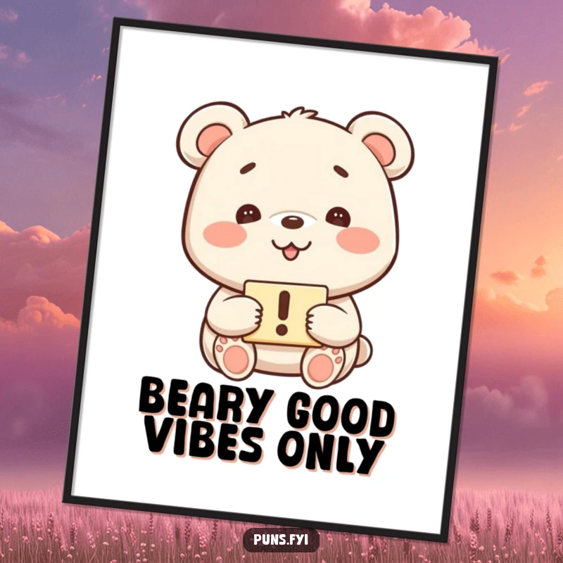 Funny kawaii bear with a playful grin holding an exclamation mark sign on a digital art print, ideal for a funny gift.