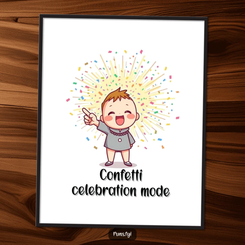 Funny digital art print of an enthusiastic character celebrating with an exploding confetti burst, ideal for festive decor.