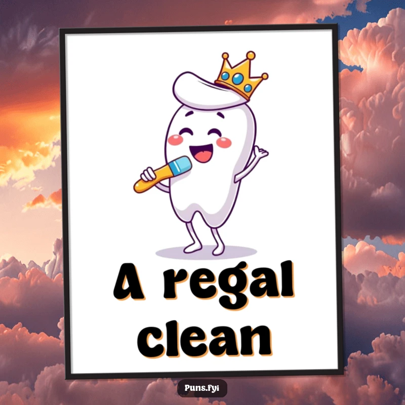 Funny digital art print of a crowned toothbrush dancing enthusiastically while brushing a giant tooth, adding royal dental humor.