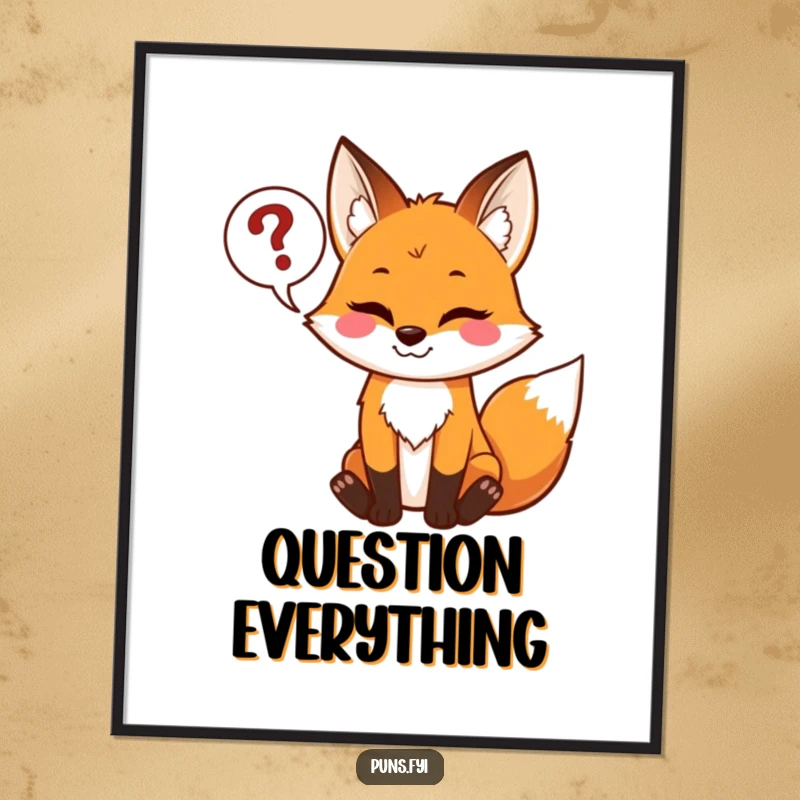 Funny digital art print of a mischievous fox holding a speech bubble full of question marks, offering instant quirky wall decor.