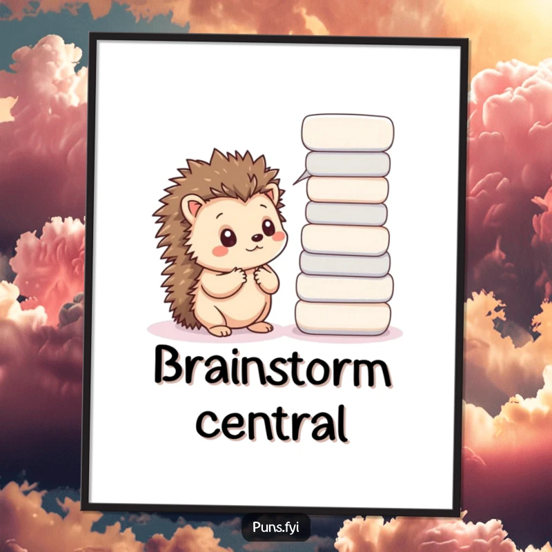 Funny digital art print of a kawaii hedgehog looking thoughtful with word bubbles, perfect for intellectual and cute wall decor.