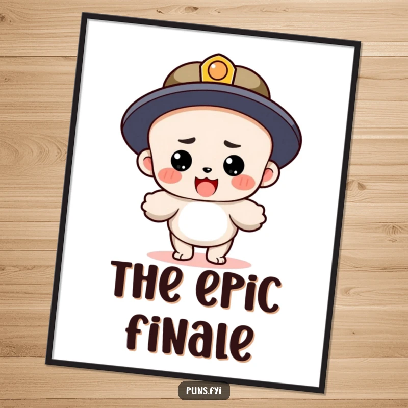 Funny digital art print of a determined period character landing triumphantly after completing a long sentence, offering instant literary humor.