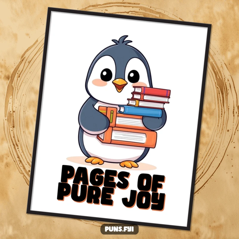 Funny Penguin Digital Art Print of a happy penguin with books, offering cheerful vibes and literary charm for instant decor.