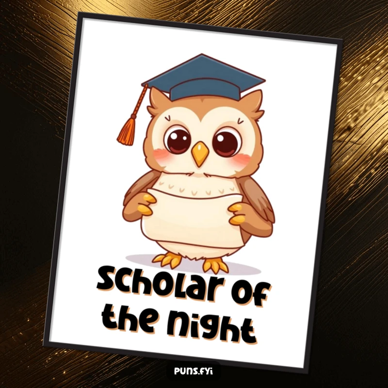 Funny digital art print of a cute owl wearing a graduation cap, presenting a scroll with a flourish, offering instant smart decor.