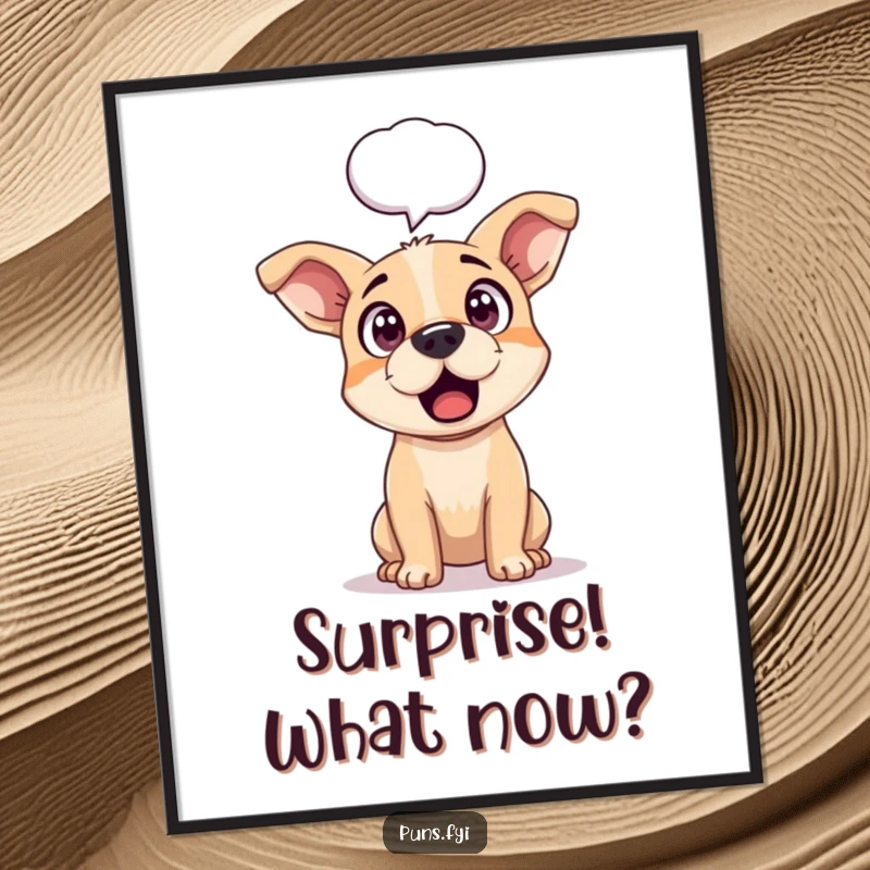 Funny digital art print of a dog with ears perked high in surprise, a large speech bubble above its head conveying shock.