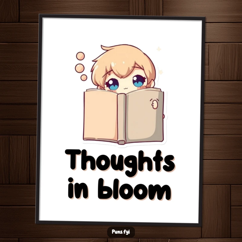 Funny digital art print capturing a curious thought bubble character peeking from behind a book, inviting introspection and wit.