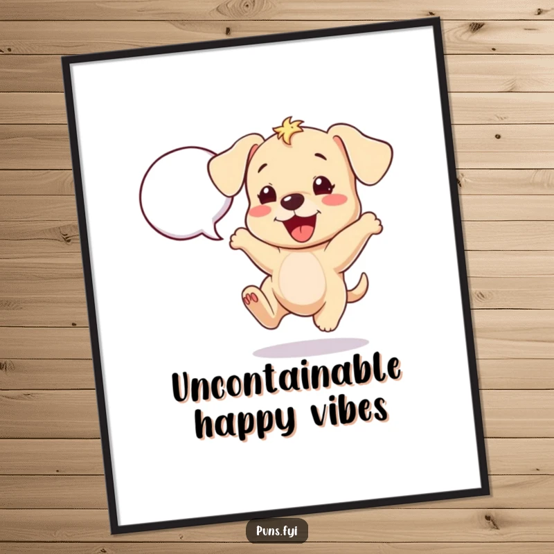 Funny puppy digital art print of a cheerful puppy bouncing with excitement next to a speech bubble, ready for instant download.