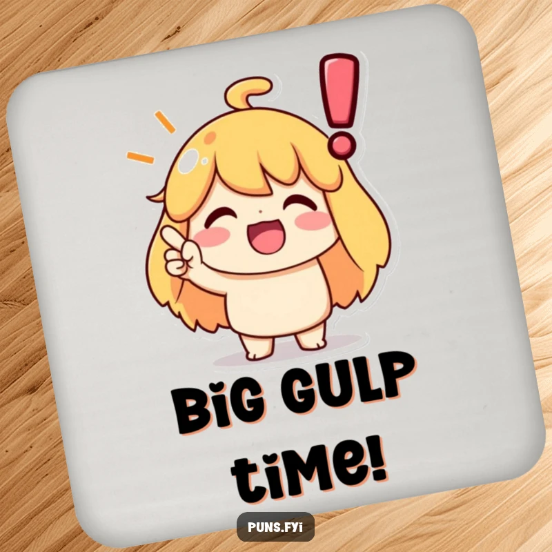 Funny drink coaster featuring a character nodding enthusiastically at a large exclamation point, ideal for protecting surfaces.