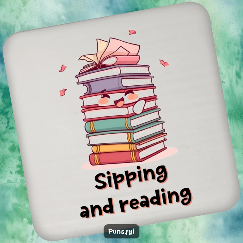 Funny drink coaster showing a joyful stack of books character with fluttering pages, protecting surfaces with literary humor.