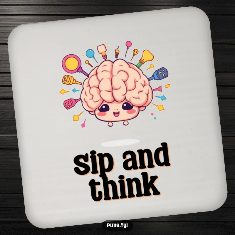 Funny brain idea coaster set featuring a cartoon brain character bursting with colorful ideas. Protects tables with genius.