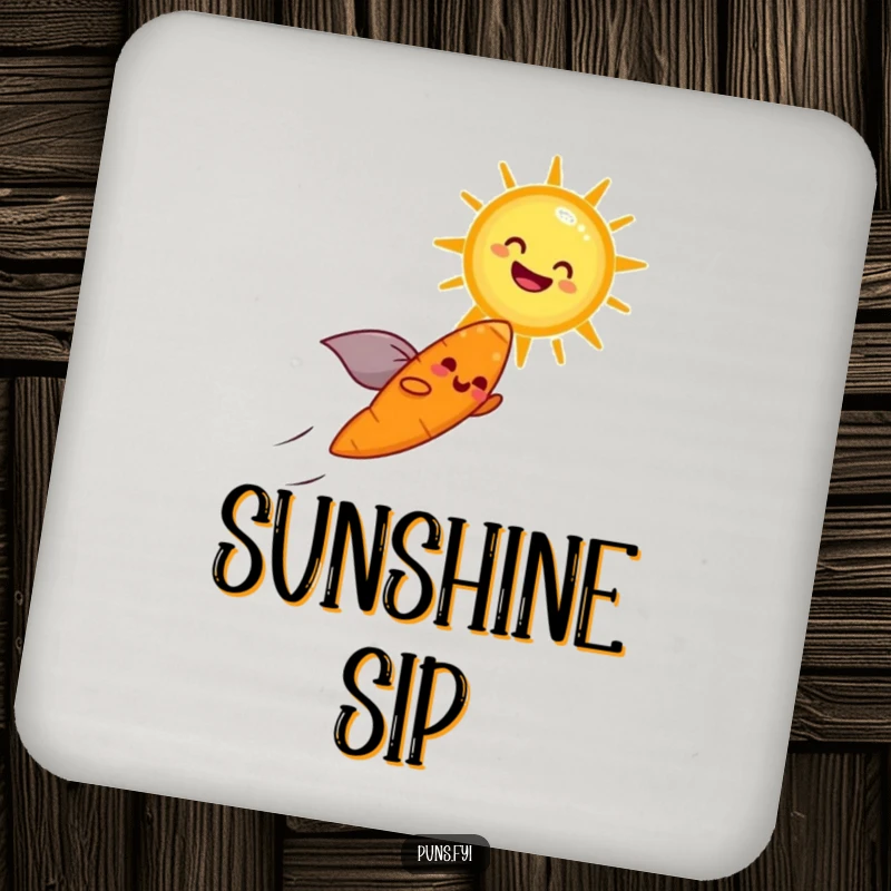 Funny drink coaster featuring a cheerful carrot with a cape flying towards a laughing sun, adding a touch of sunny humor.