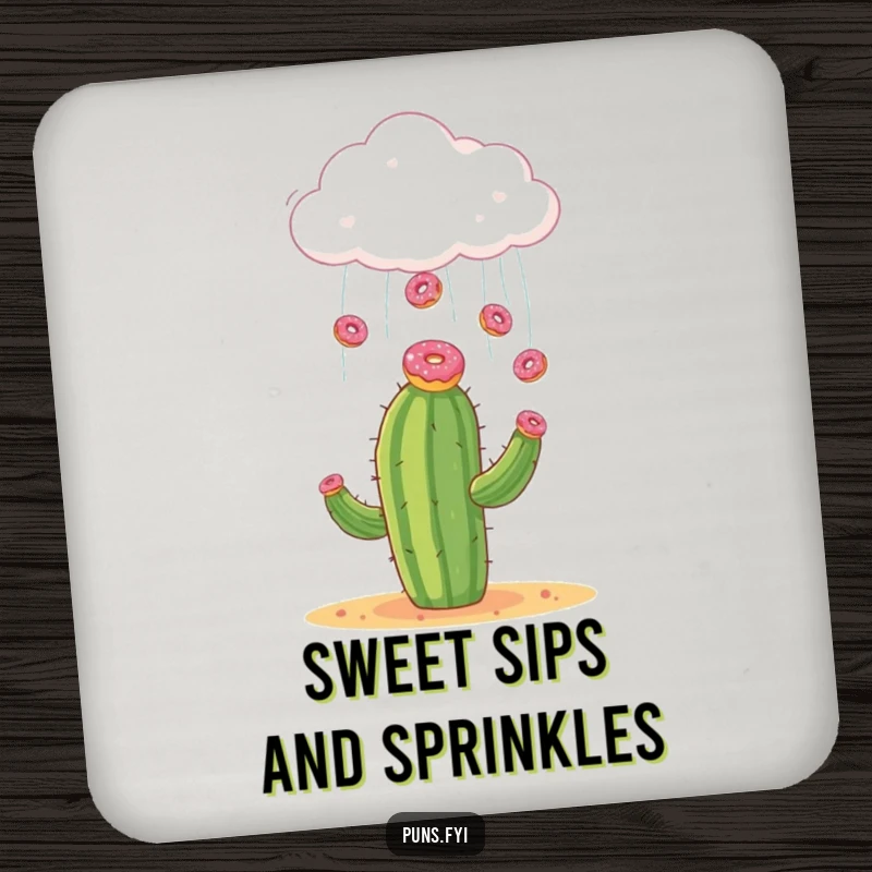 Funny drink coaster featuring a cloud raining donuts onto a surprised cactus, adding sweet, humorous charm to your surfaces.