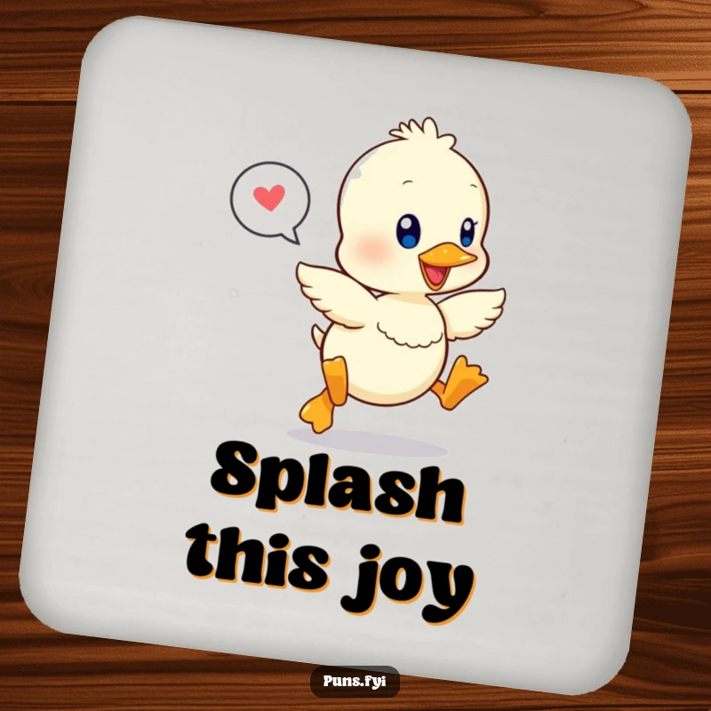 Funny coaster with a happily leaping kawaii duckling and a speech bubble, adding joy and surface protection.