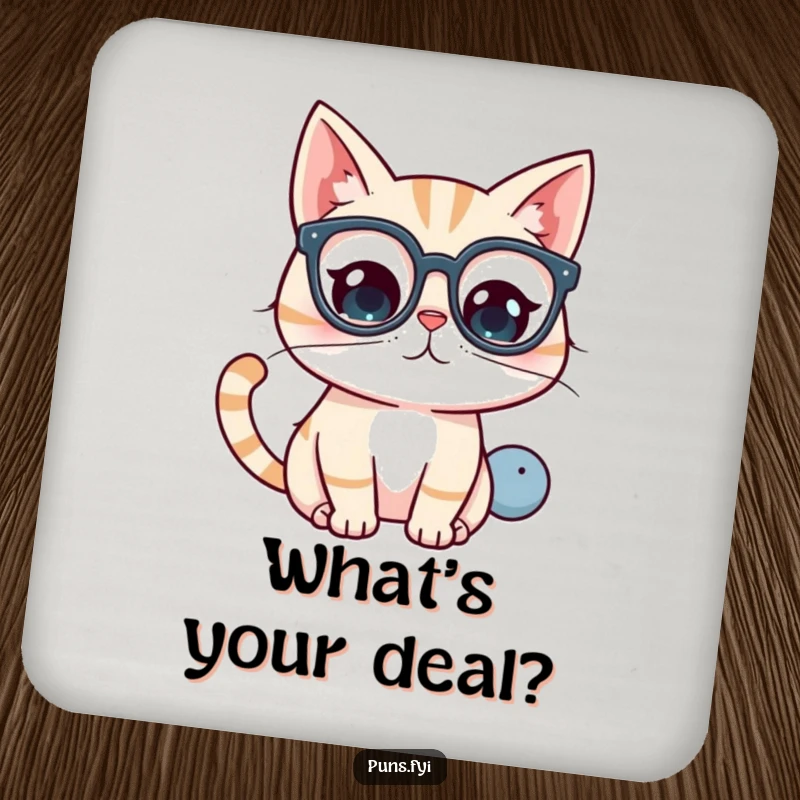 Funny kawaii cat wearing glasses, looking at a question mark, a cute and functional coaster set.