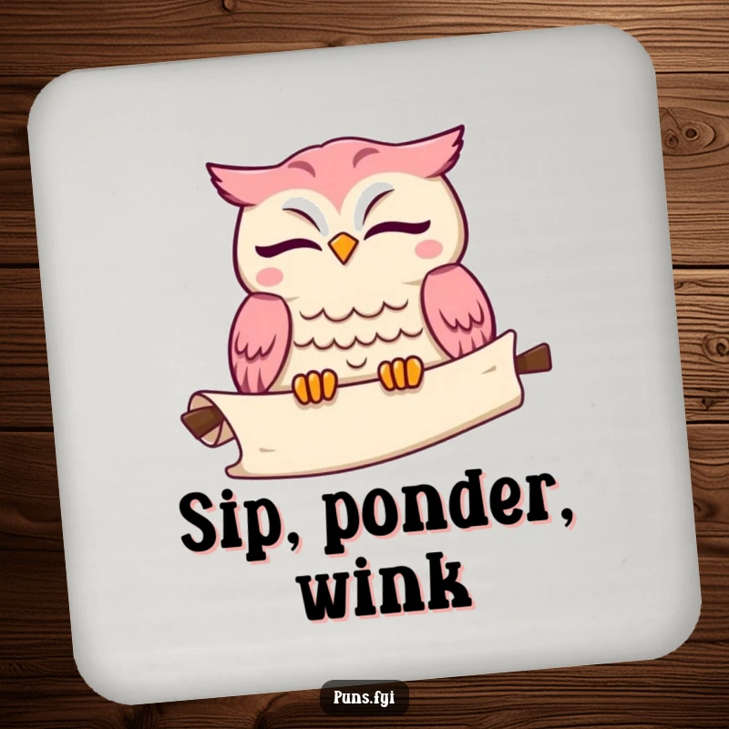 Funny kawaii owl drink coaster showing a cute winking owl with an unrolling scroll, protecting surfaces with wisdom.