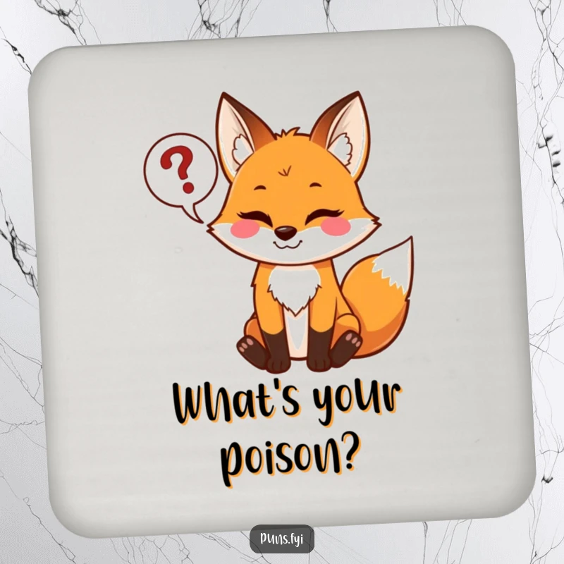 Funny drink coasters featuring a mischievous fox holding a speech bubble full of question marks, adding quirky humor.