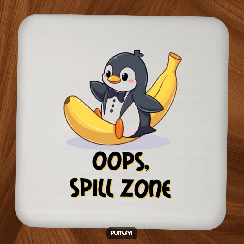 Funny drink coaster featuring a penguin in a tuxedo comically slipping on a large banana peel, adding humorous protection.