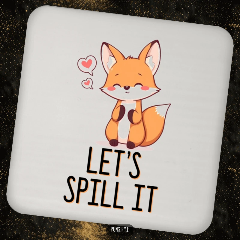 Funny kawaii fox juggling speech bubbles, a cute and functional set of drink coasters.