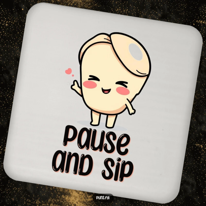 Funny semicolon drink coaster featuring a winking semicolon linking two ideas, offering humor and surface protection.