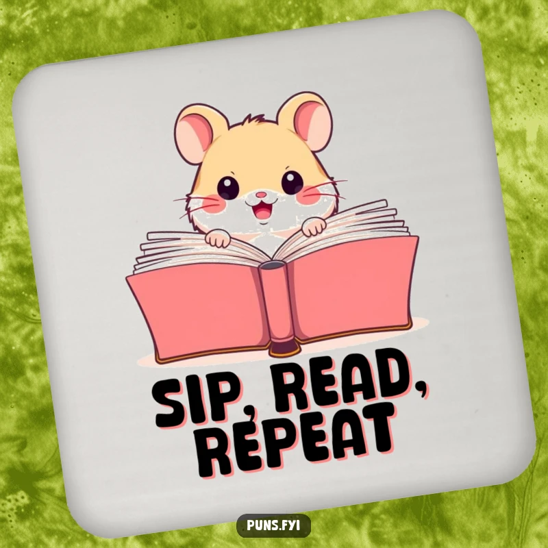 Funny drink coaster featuring a happy hamster peeking from behind a large open book, protecting furniture with literary humor.