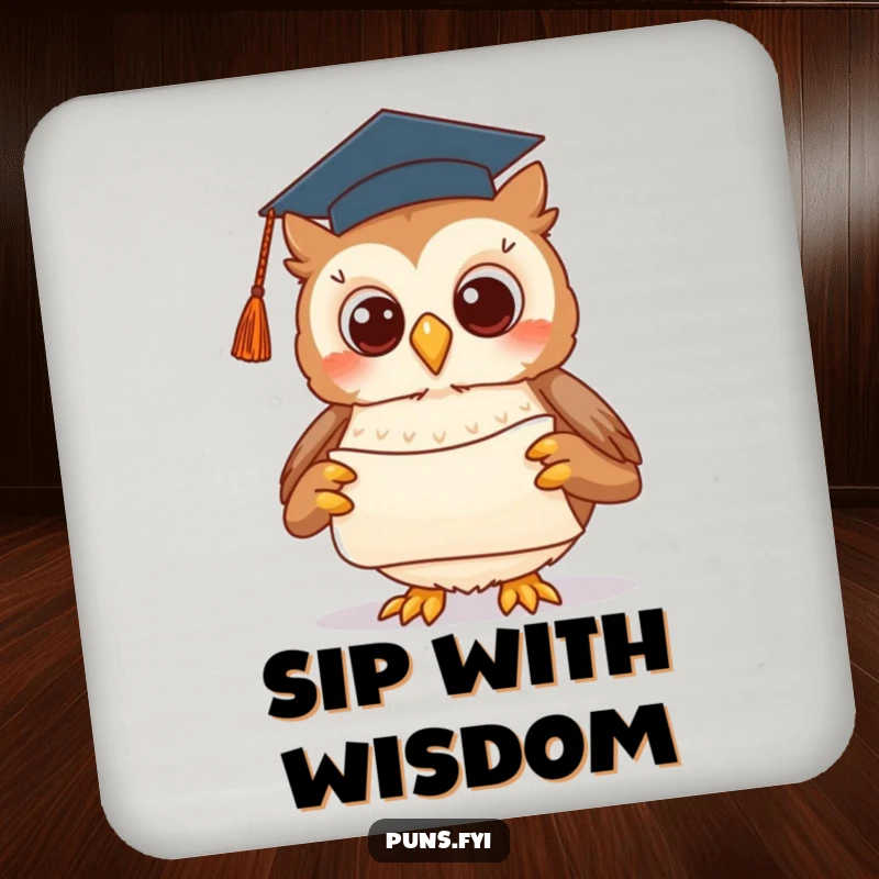 Funny drink coasters featuring a cute owl in a graduation cap, presenting a scroll, adding smart, wise humor.
